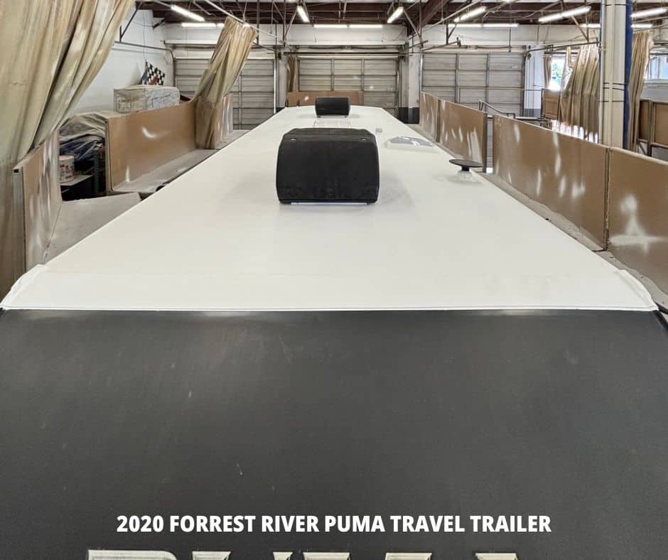 2020 Forest River Puma travel trailer roof after work showing a new FlexArmor RV Roof in Denton TX